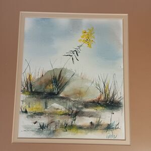 Watercolor Marsh Landscape Yellow Flower Grass Dunes Sky Matted Wood Frame 15x12